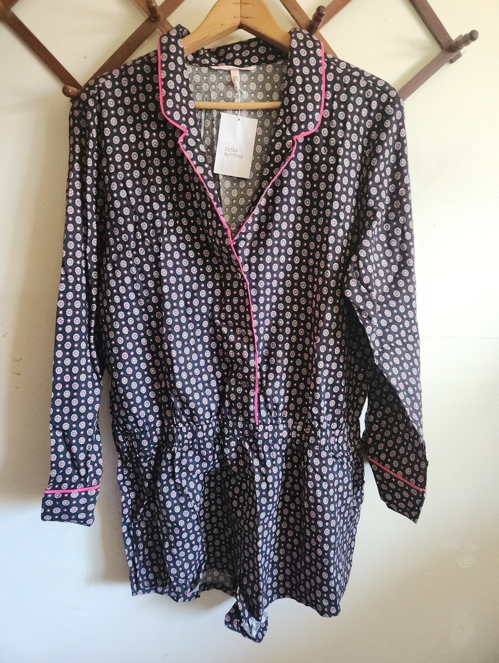 Nwt Victoria's Secret Sleep Romper Cotton Modal Shorts Long Sleeve Pink Black
